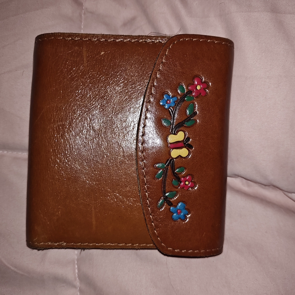Brown Leather Wallet with Floral Embroidery